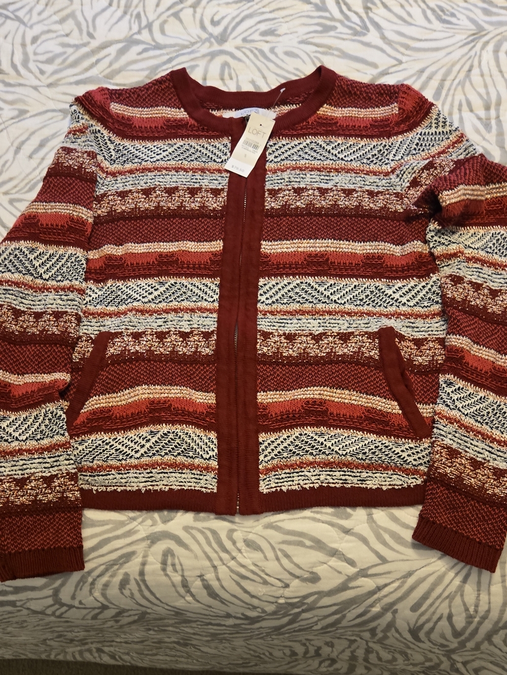 LOFT Rust Red Striped Knit Zip Cardigan Size Small